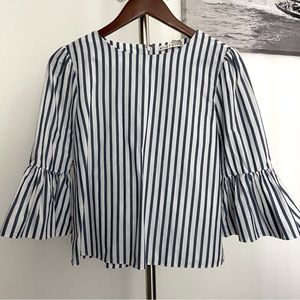 ALICE + OLIVIA Blue White Nautical Stripe Bell Flare Ruffle Sleeve Top S